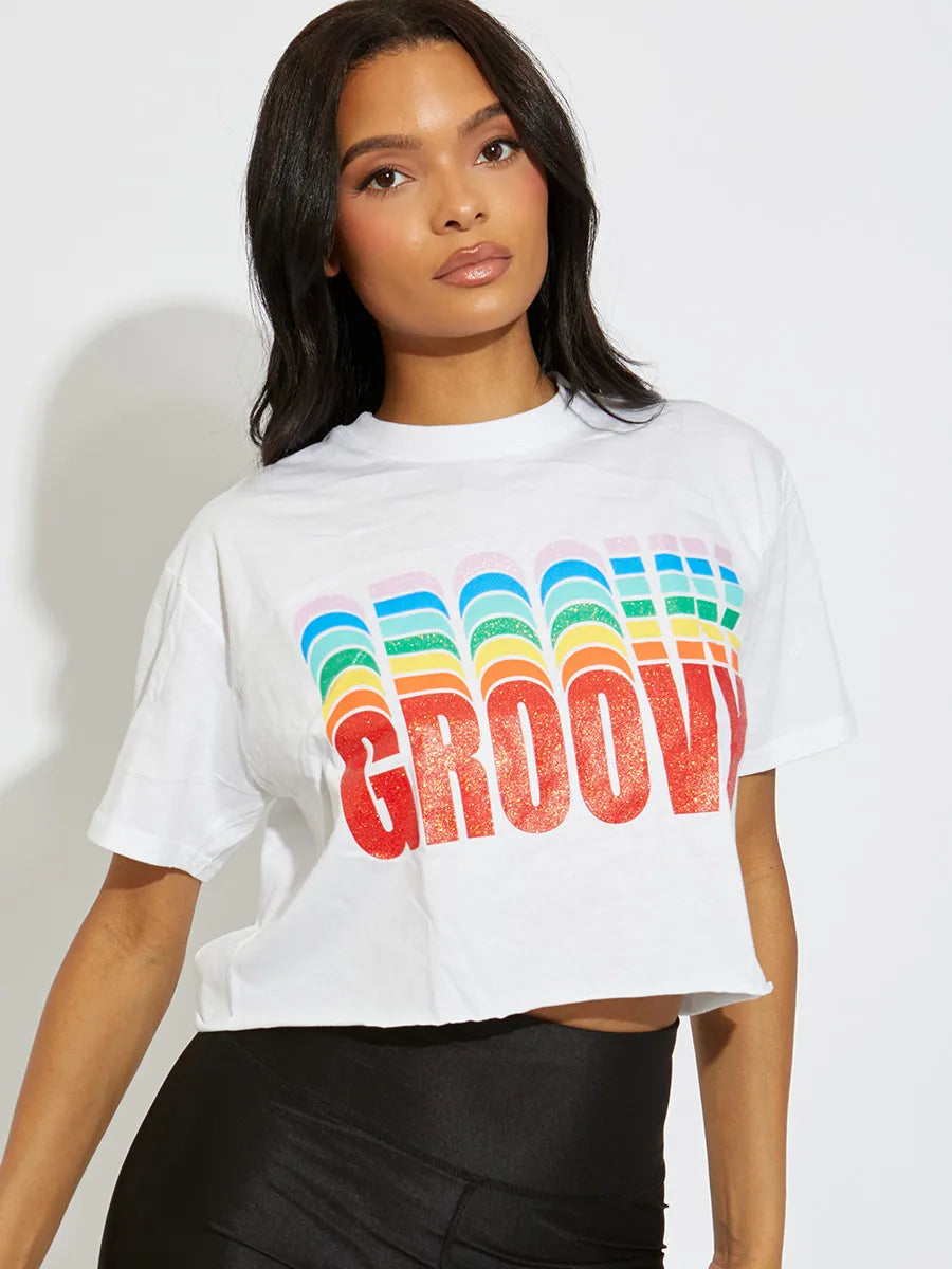 White Oversized Groovy Graphic Crop Top