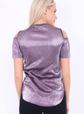 Pink Metallic Pleated Cut Shoulder Top