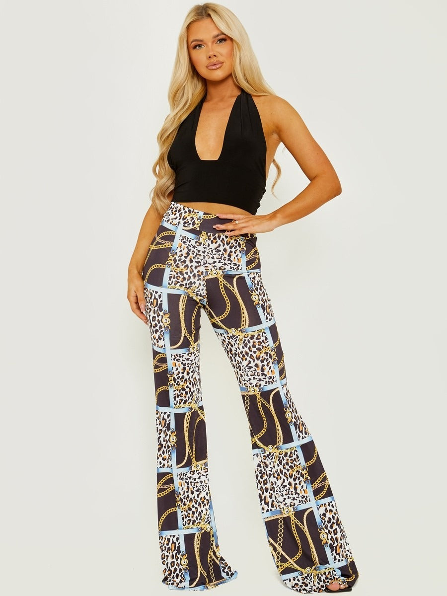 Black Leopard Chain Print Slinky Wide Leg Flared Trouser