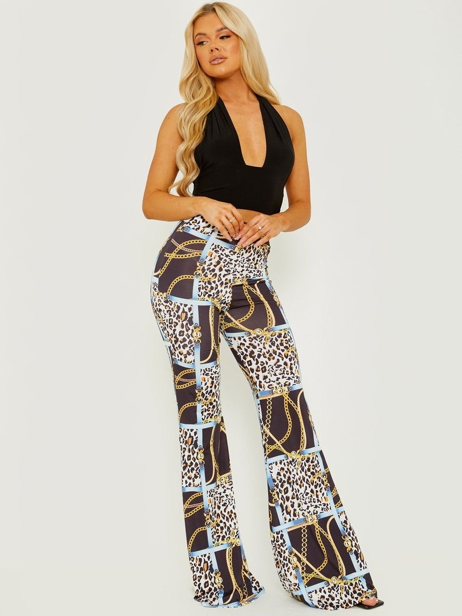 Black Leopard Chain Print Slinky Wide Leg Flared Trouser