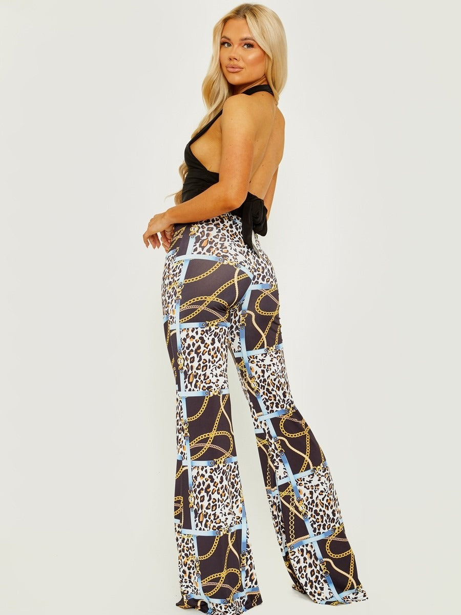 Black Leopard Chain Print Slinky Wide Leg Flared Trouser