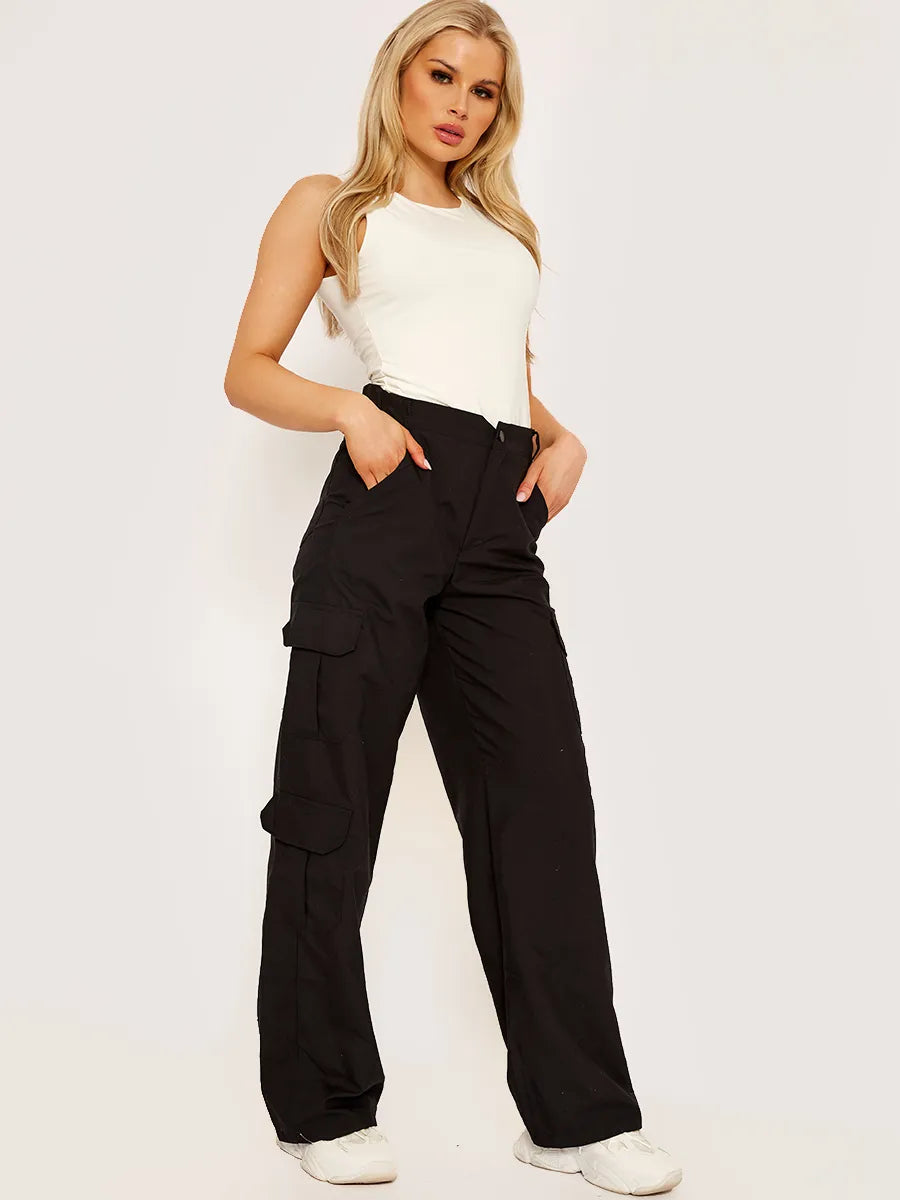 Black Wide Leg Loose Combat Cargo Trousers