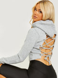Grey Corset Style Lace Up Back Cropped Hoodie
