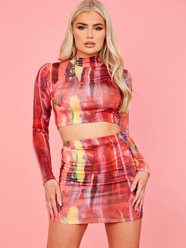 Multicolour Slinky Crop Top Mini Skirt Co ord ForeverFashions.ie