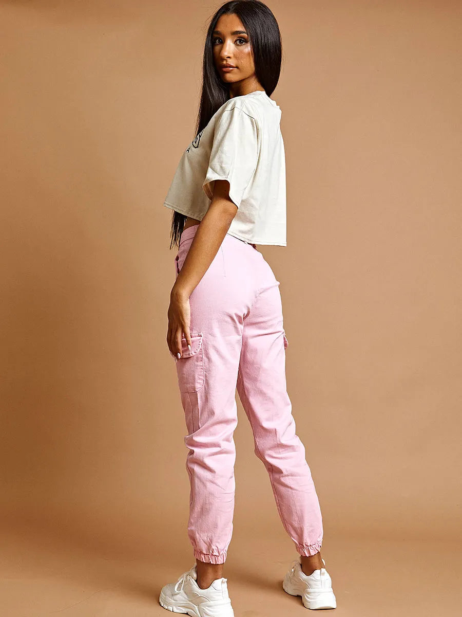 Women Ladies Rose Pink Cargo Combat Trousers Casual Wear Pocket Sports  Joggers | eBay