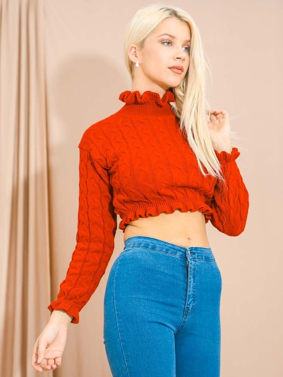 Red Cable Knit Frill Crop Jumper