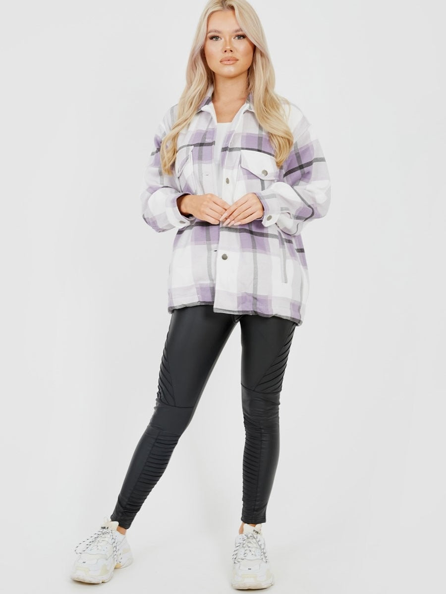 Lilac Purple Oversized Checked Shirt Jacket