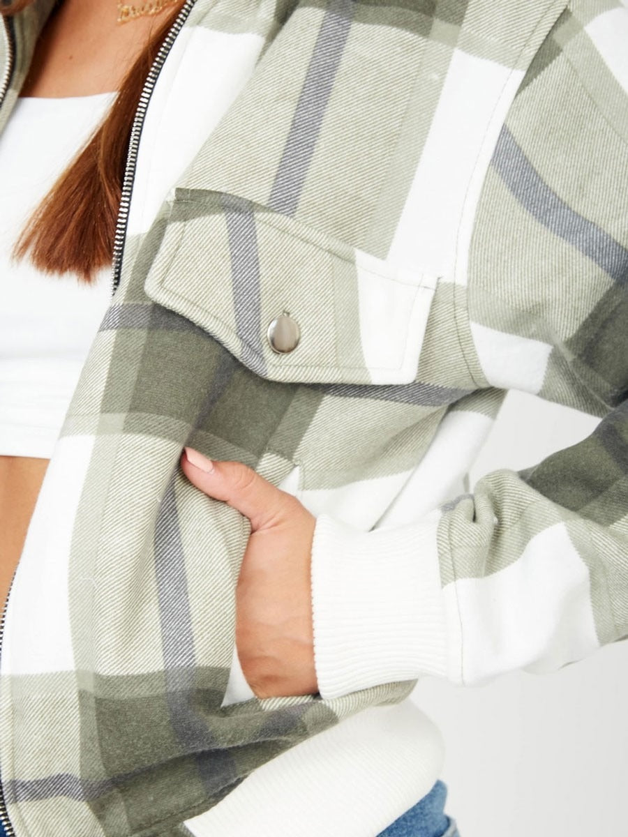 Khaki Zipped Checked Jacket