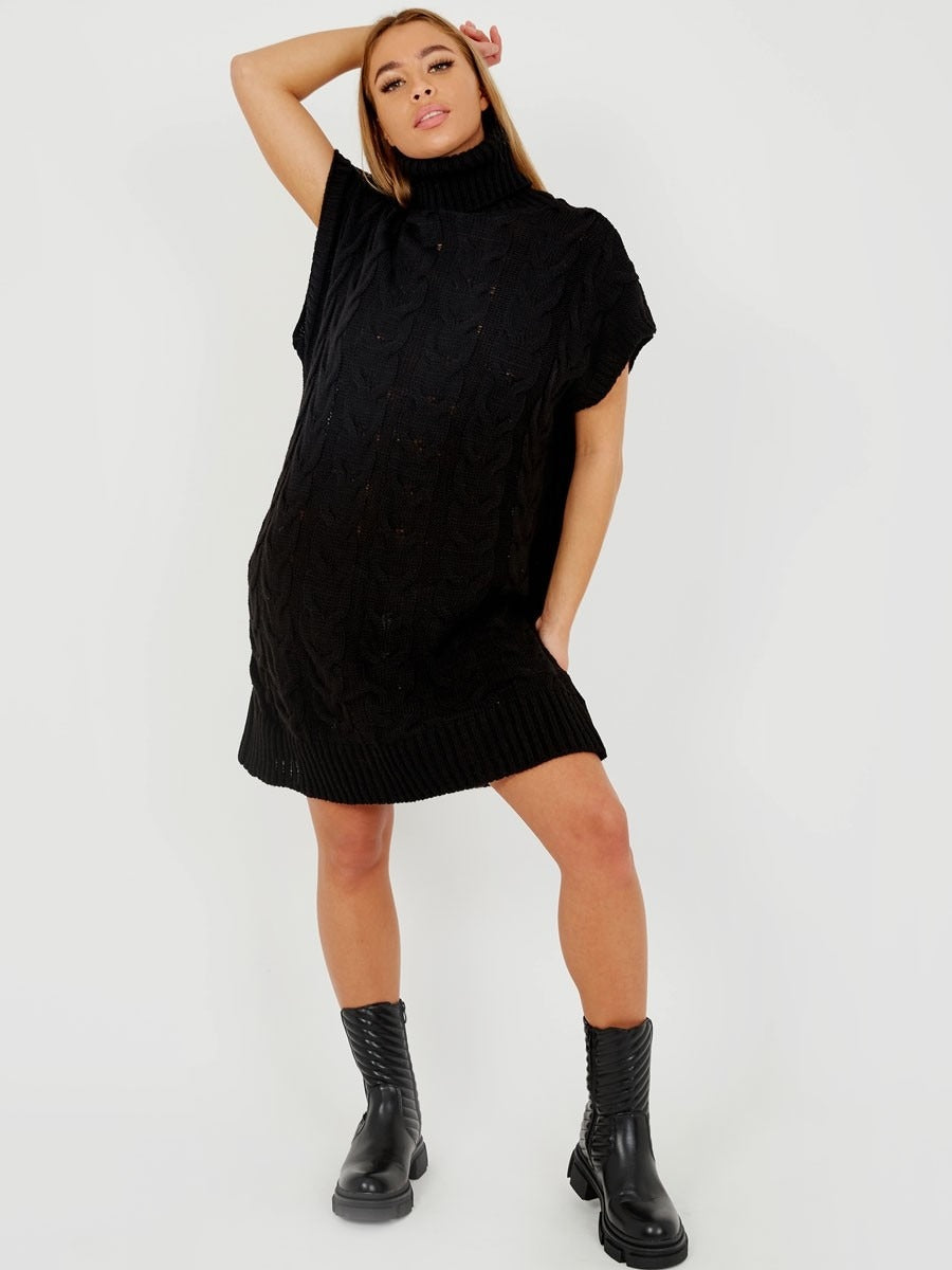 Black Oversized Roll Polo Neck Cable Knit Jumper Dress 