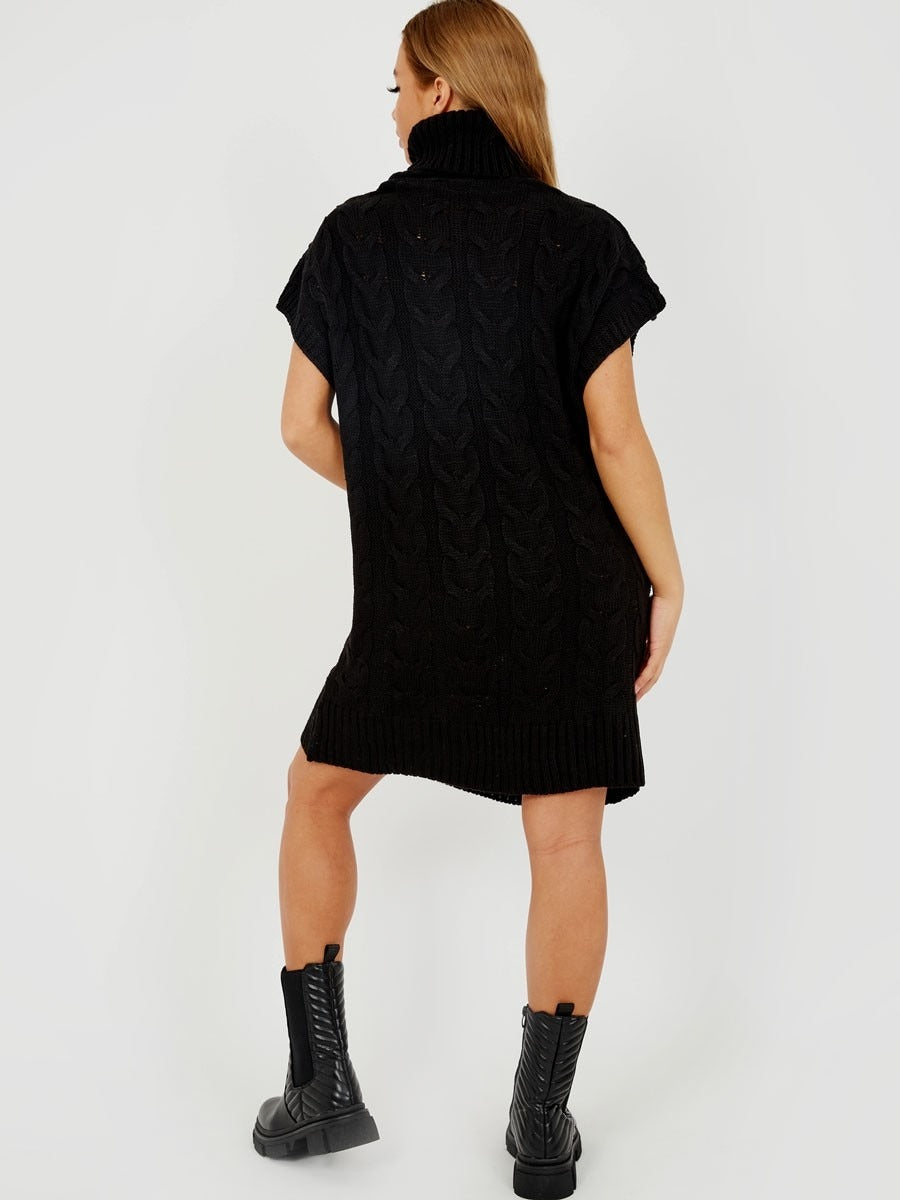 Black Oversized Roll Polo Neck Cable Knit Jumper Dress 