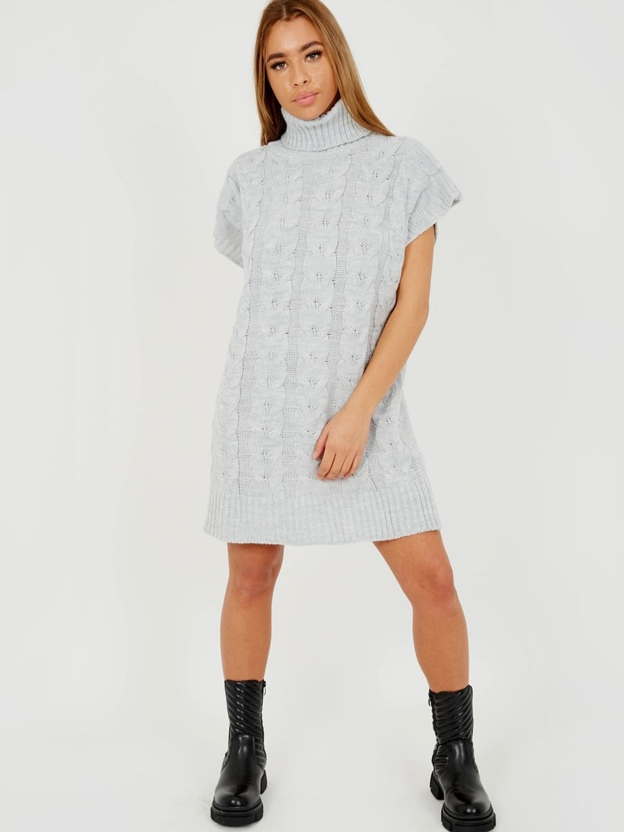 Grey Oversized Roll Polo Neck Cable Knit Jumper Dress