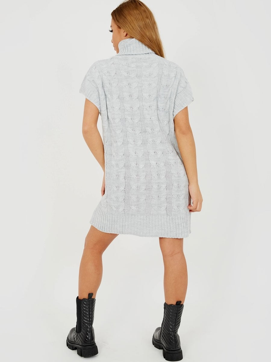 Grey Oversized Roll Polo Neck Cable Knit Jumper Dress