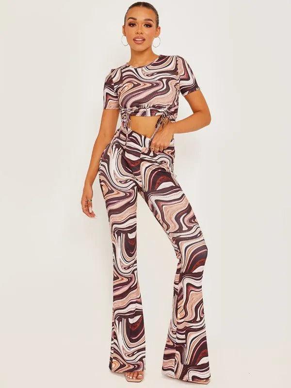 Stone Marble Print Ribbed Flared Trousers –