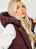 Wine Longline Padded Puffer Hooded Waistcoat Gilet