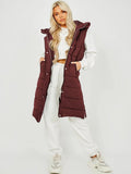 Wine Longline Padded Puffer Hooded Waistcoat Gilet