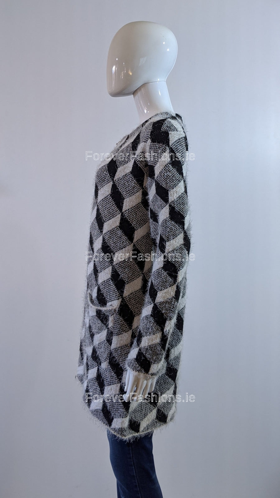 Black Diamond Pattern Fluffy Open Cardigan