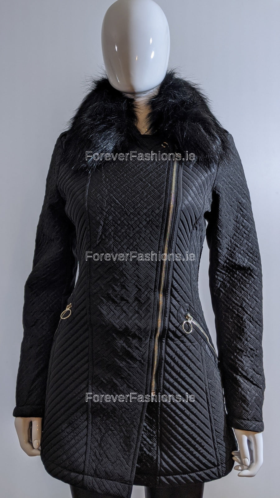 Black Faux Fur Collar Slim Padded Coat