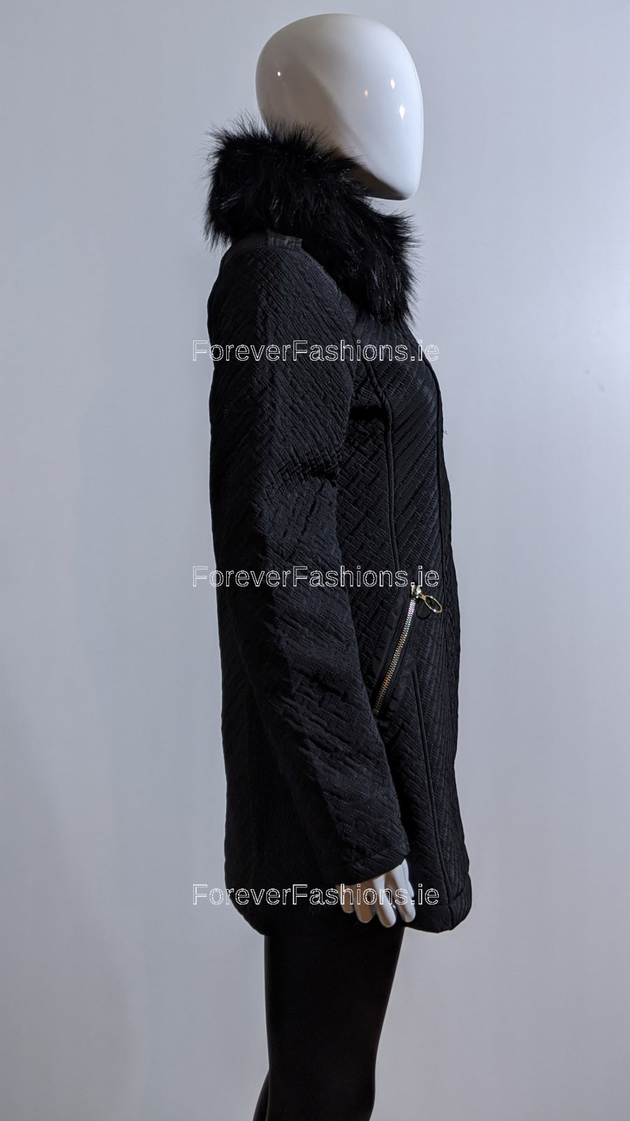 Black Faux Fur Collar Slim Padded Coat