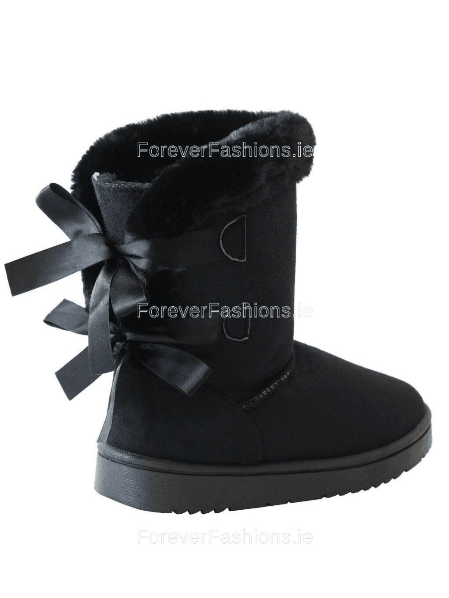 Black Faux Suede Bow Detail Fur Lined Boots