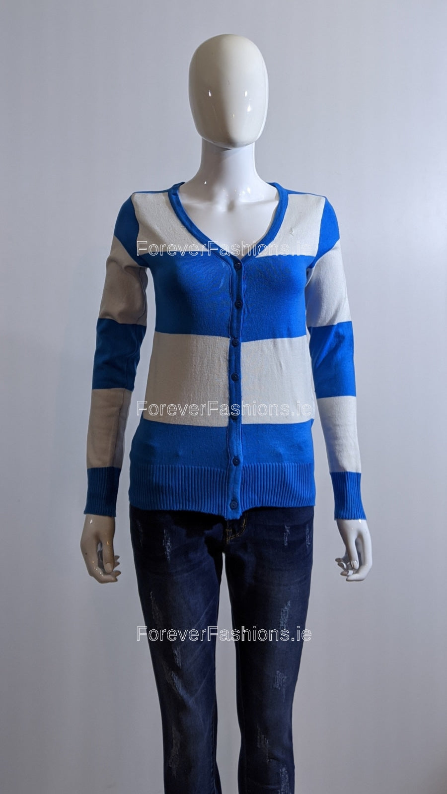 Blue And White Stripe Button UP Two Pockets Cardigan