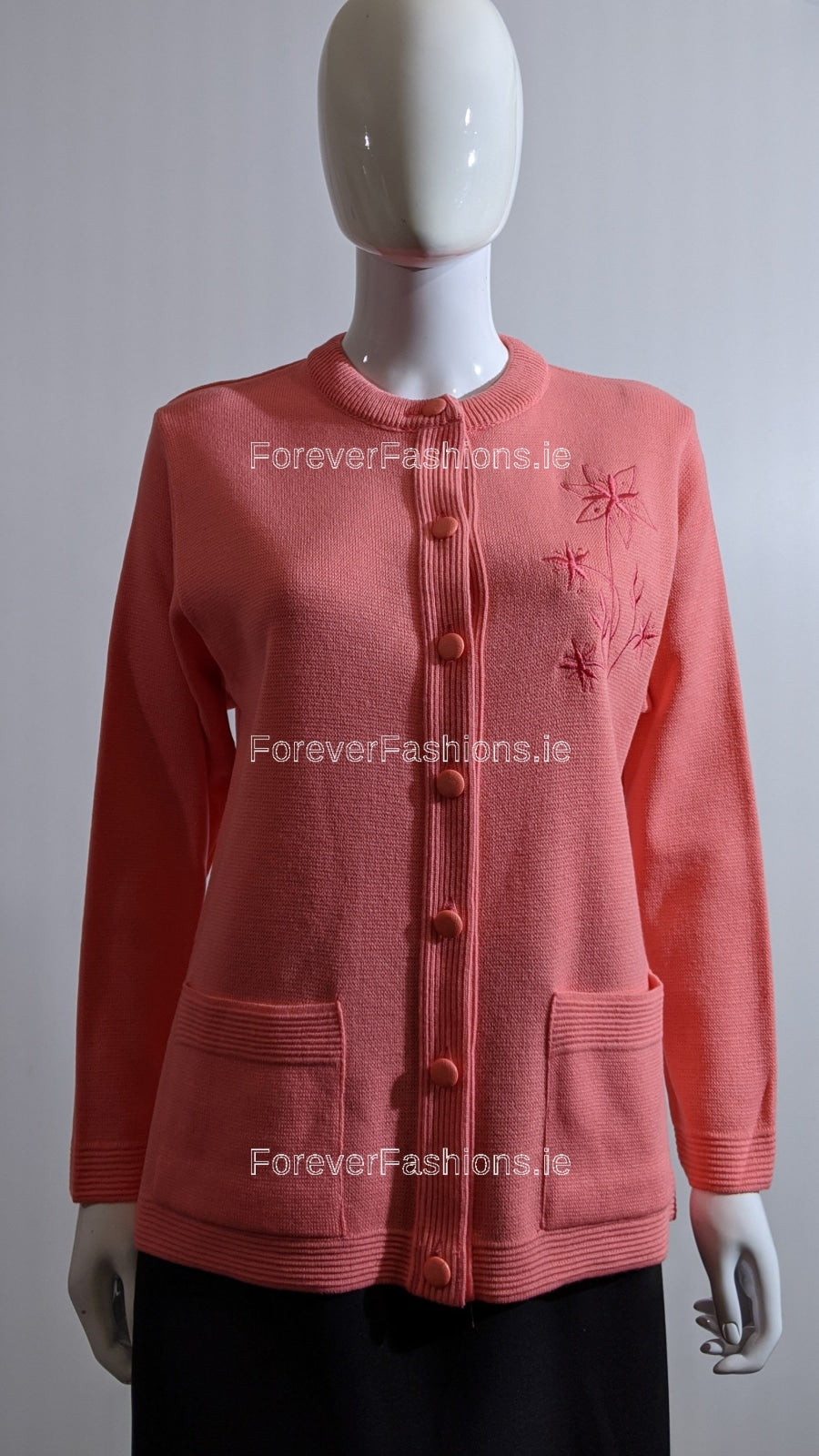 Coral Round Neck Button Pocket Cardigan