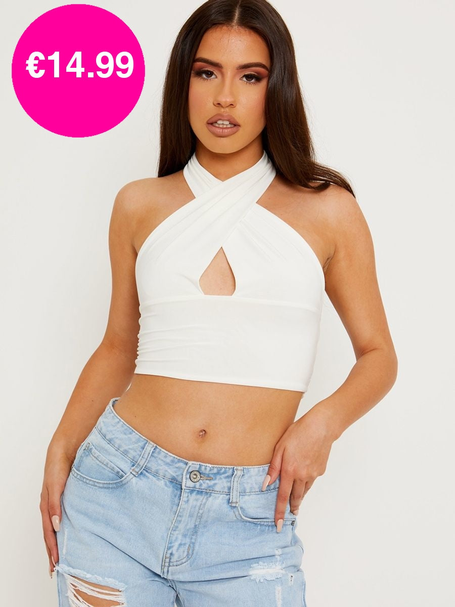 Cream Halterneck Cross Front Tie-Knot Slinky Crop Top