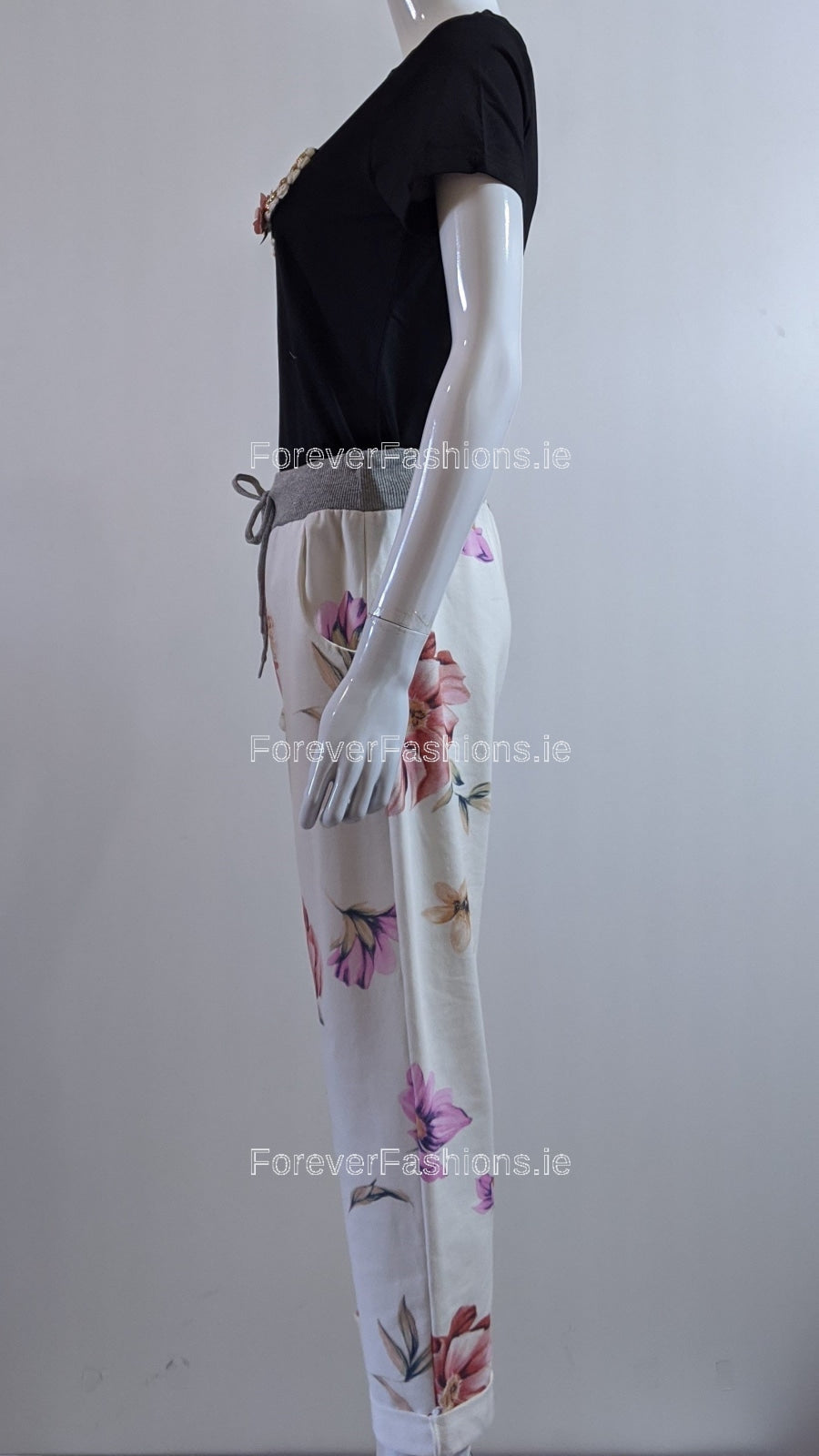 Cream Pink Floral Print Trouser
