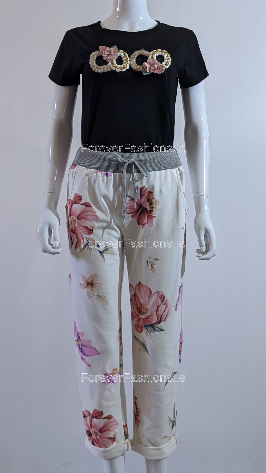 Cream Pink Floral Print Trouser