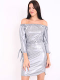 Silver Metallic Tie Knot Sleeve Bardot Dress