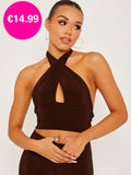 Dark Brown Halterneck Cross Front Tie-Knot Slinky Crop Top