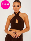 Dark Brown Halterneck Cross Front Tie-Knot Slinky Crop Top