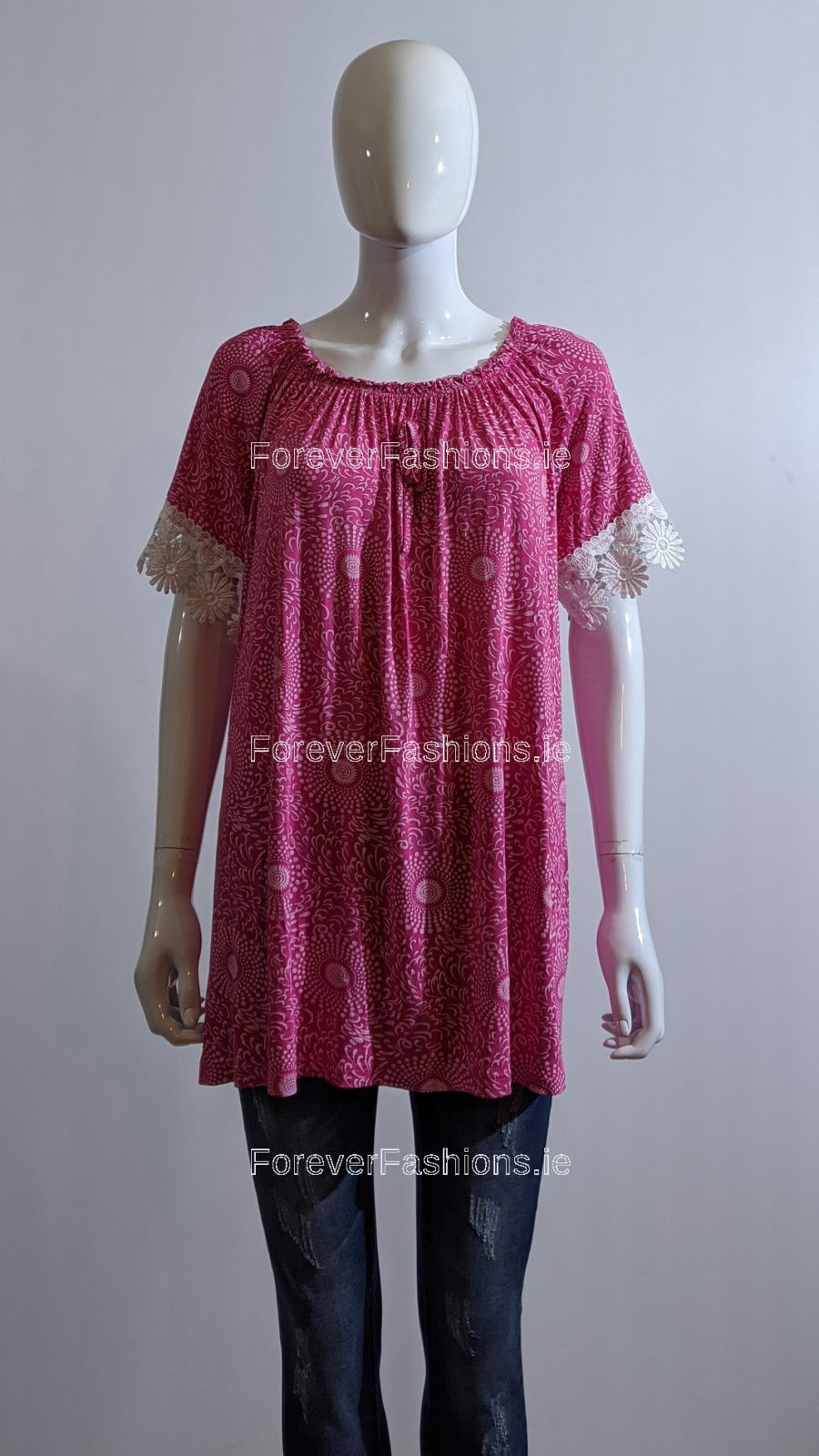 Fuchsia Printed Lace Detail Top