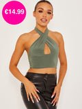 Green Halterneck Cross Front Tie-Knot Slinky Crop Top