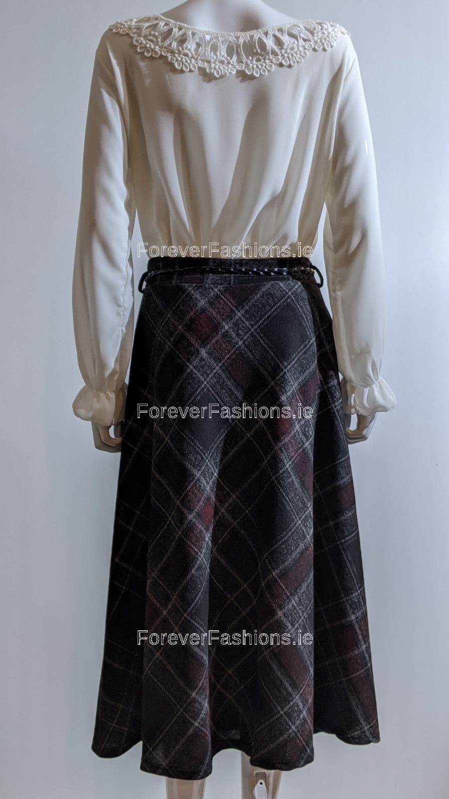 Maroon & Black Check Belted A-Line Skirt