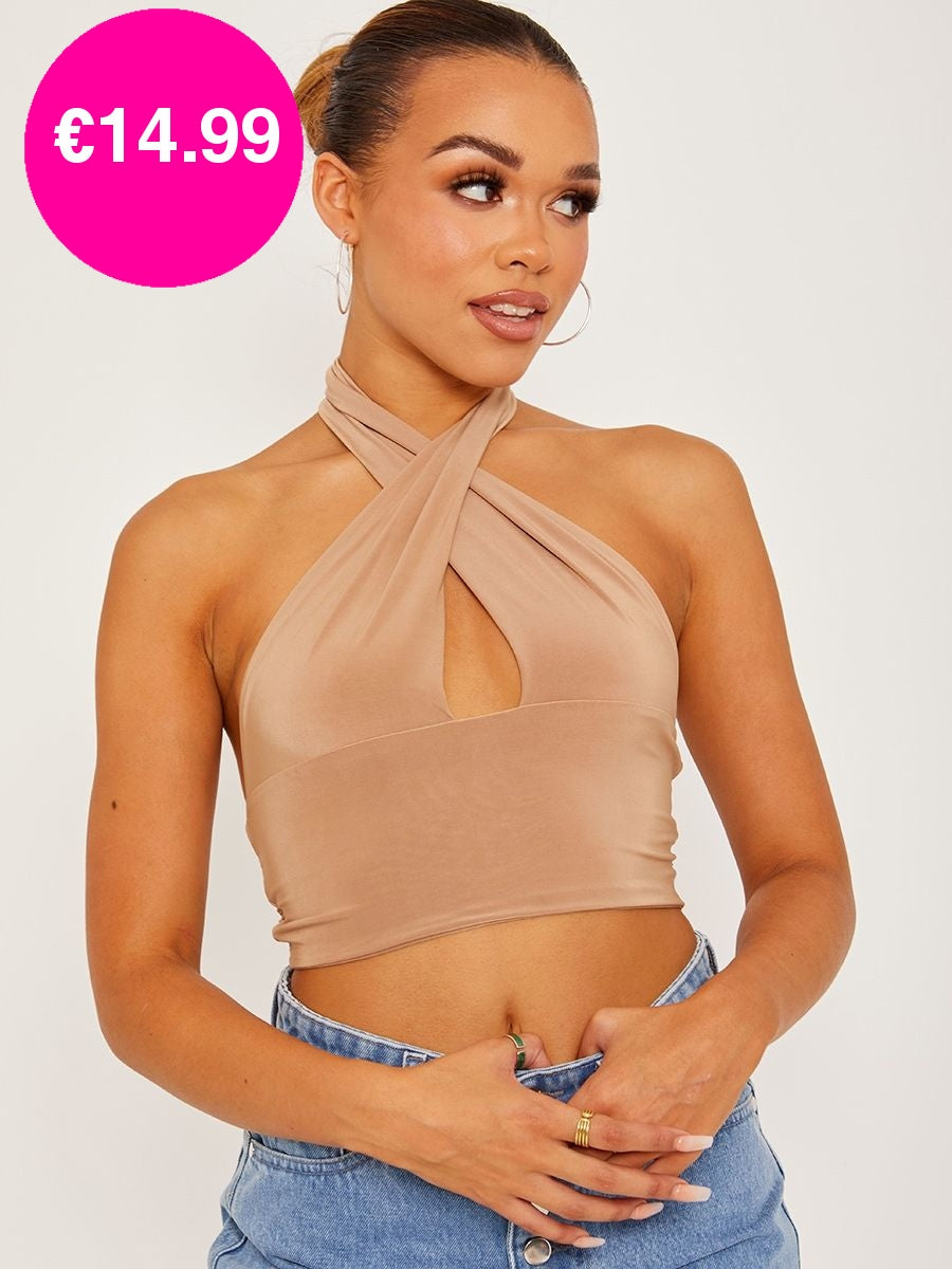 Mocha Halterneck Cross Front Tie-Knot Slinky Crop Top