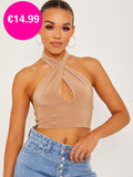 Mocha Halterneck Cross Front Tie-Knot Slinky Crop Top