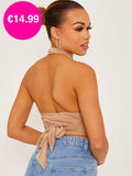 Mocha Halterneck Cross Front Tie-Knot Slinky Crop Top