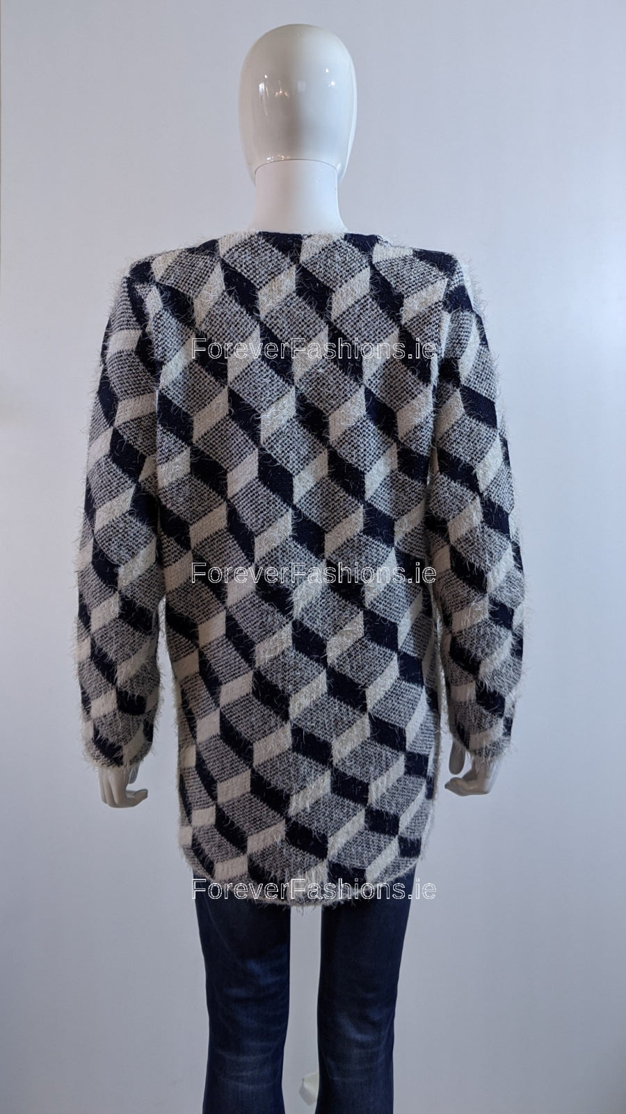 Navy Diamond Pattern Fluffy Open Cardigan