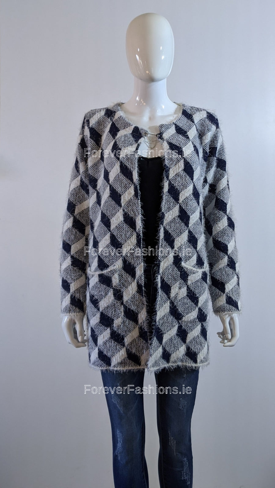 Navy Diamond Pattern Fluffy Open Cardigan