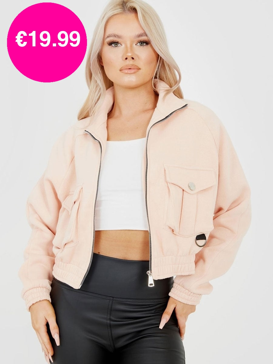 Pink Pocket Fleeced Cropped Jacket