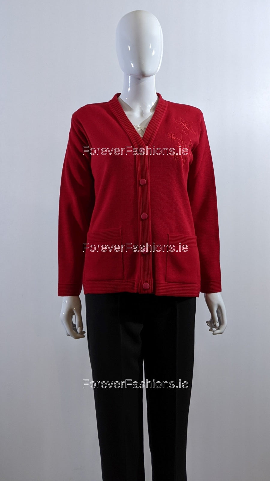 Red V-Neck Button Pocket Cardigan