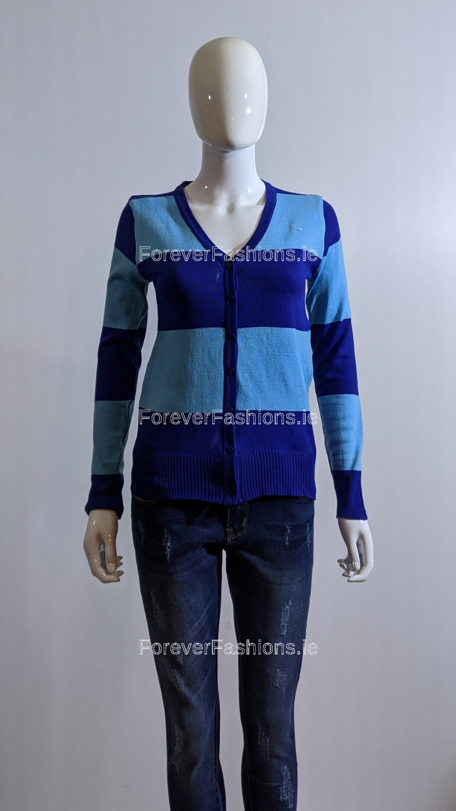 Sky Blue And Royal Blue Button Up Two Pockets Stripe Cardigan